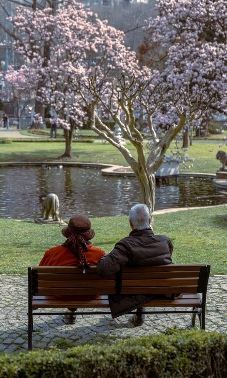 unrecognizable elderly couple on bench near pond